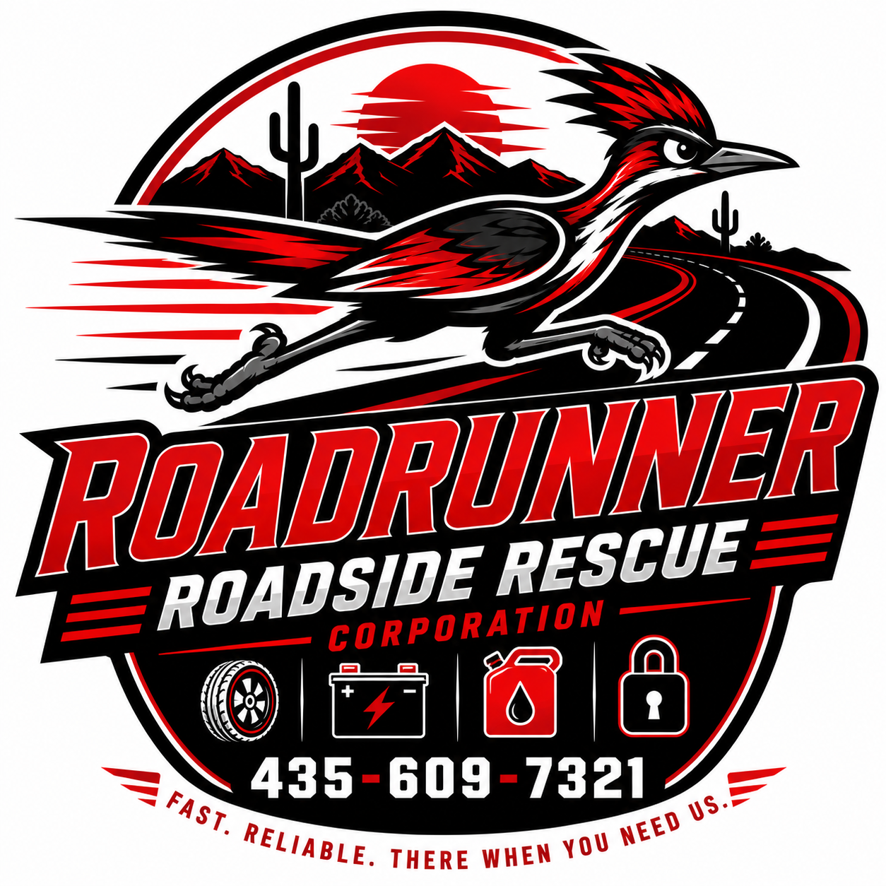 Roadrunner Roadside Rescue red and black roadrunner logo